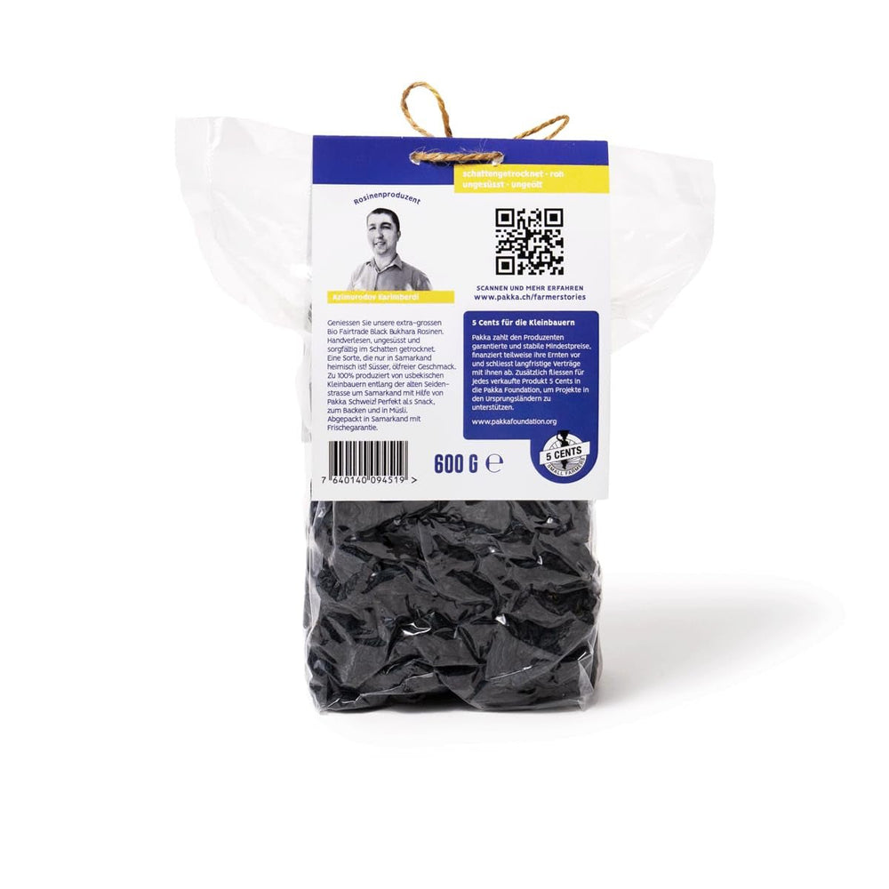 PAKKA - Stafide organice Fairtrade Bukhara 600g, fără semințe, struguri negri jumbo Bukhara uscați la umbră, fără ulei, deci lipicioși, nesulfurați, direct de la micii fermieri din Samarkand în Uzbekistan 600g Produse deshidratate Naty Shop