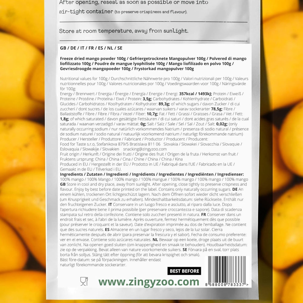 Pudră de mango liofilizată | Pudră de fructe fără zahăr adăugat liofilizată | Pudră de fructe de mango liofilizată Mango liofilizat | Mango liofilizat Polvere fără aditivi | ZingyZoo (100g) Produse deshidratate Naty Shop