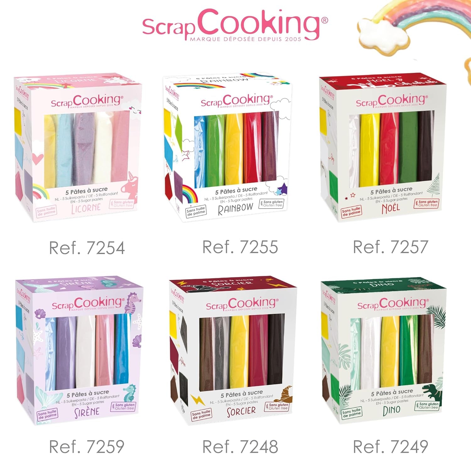 ScrapCooking - Set de 5 Fondant - alb, galben, roșu, verde și maro - 5 x 80g - pastă de zahăr pentru prăjituri Decorațiuni pentru torturi Ziua de naștere Crăciun - fără gluten și fără ulei de palmier - 7257 Pasta de zahar Naty Shop