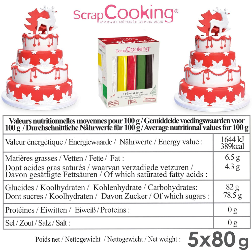 ScrapCooking - Set de 5 Fondant - alb, galben, roșu, verde și maro - 5 x 80g - pastă de zahăr pentru prăjituri Decorațiuni pentru torturi Ziua de naștere Crăciun - fără gluten și fără ulei de palmier - 7257 Pasta de zahar Naty Shop