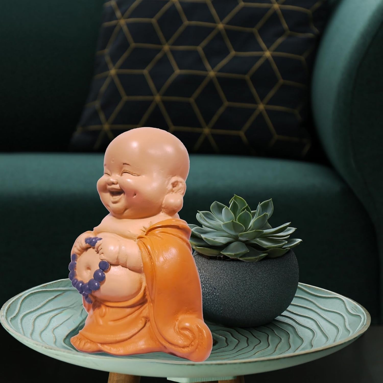 Statuetă Buddha râzând cu rozariu - Figurină inspirată și veselă - Talisman norocos plin de pozitivitate - Idee de cadou drăguță și spirituală - -H 10 cm - Zen'Light Statuete si sculpturi Naty Shop