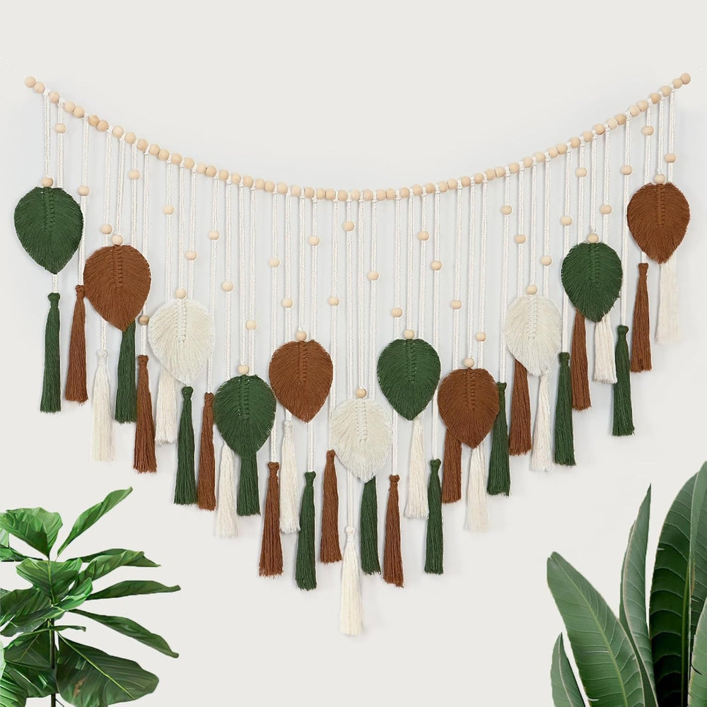 Tapiserie dremisland mare bej frunze verzi ciucure Casa - Accesorii si Decoratiuni Naty Shop Cafea