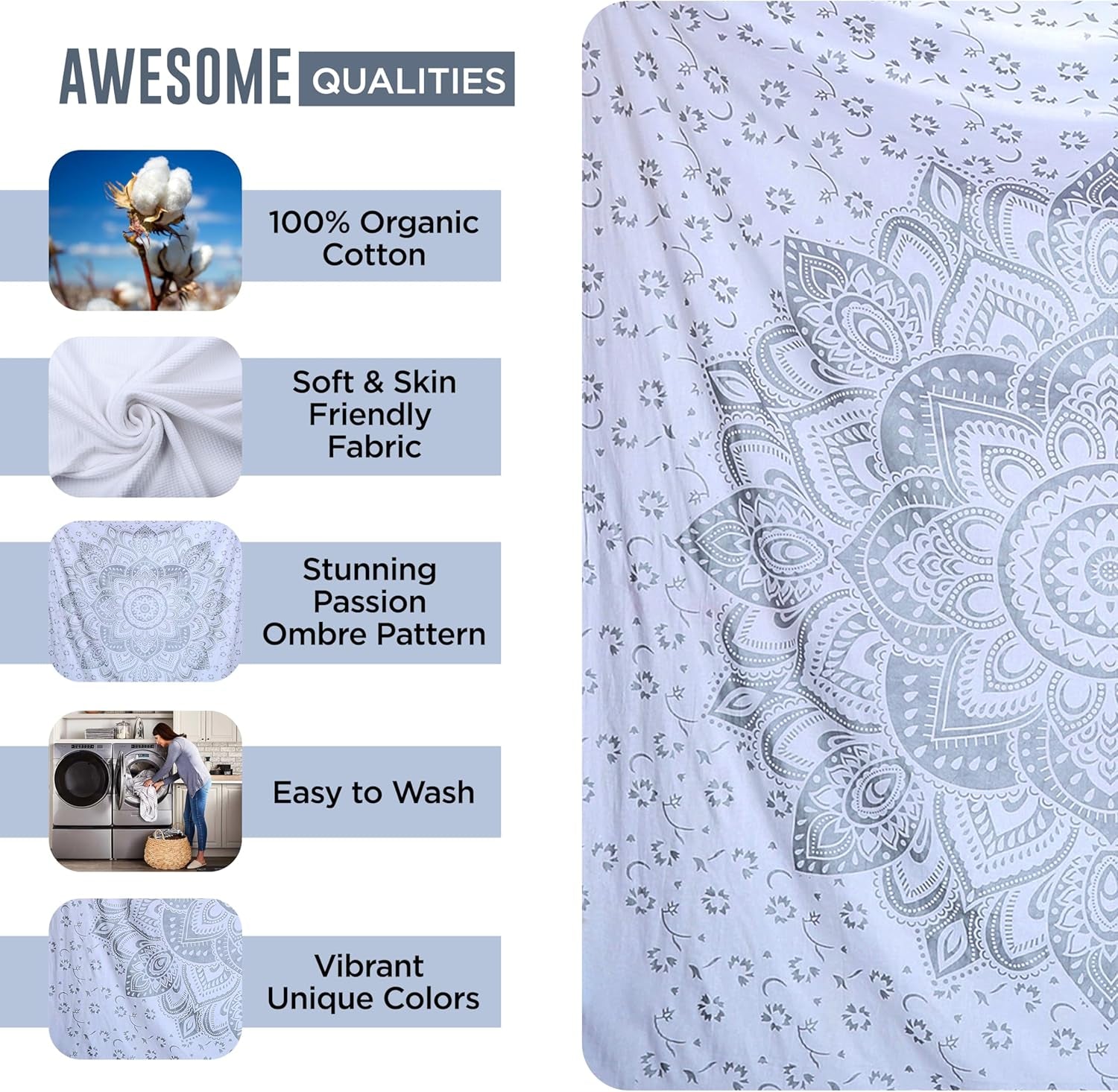 Tapiserie indiana mandala alb argintiu camera estetic panza Casa - Accesorii si Decoratiuni Naty Shop