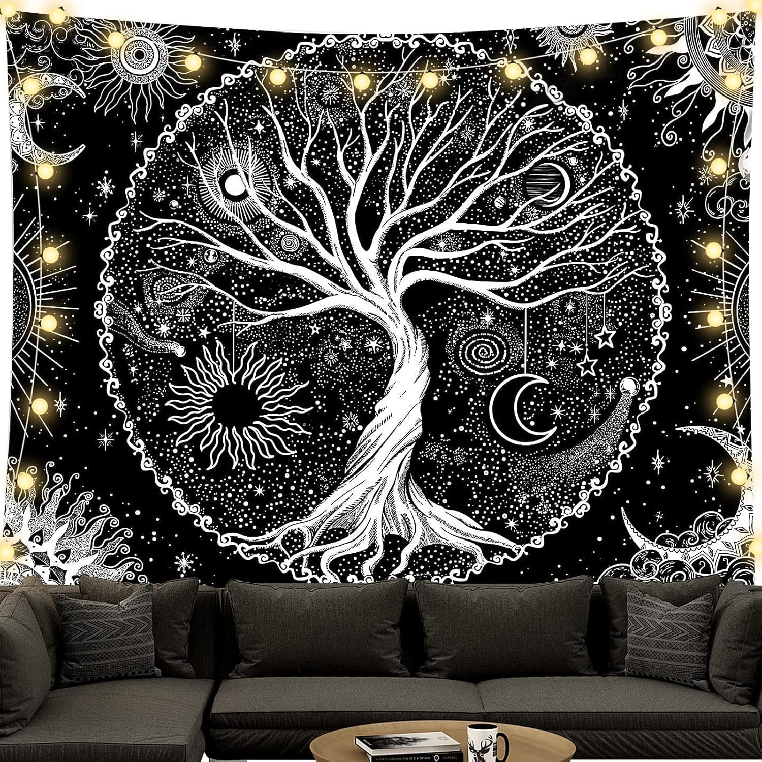 Tapiserie negru alb copac viata tapiserii faze luna Casa - Accesorii si Decoratiuni Naty Shop Copacul vieții 200L X 150B Cm