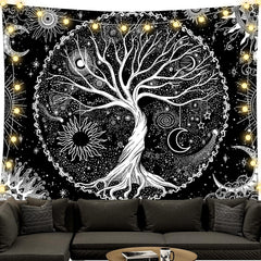 Tapiserie negru alb copac viata tapiserii faze luna Casa - Accesorii si Decoratiuni Naty Shop Copacul vieții 200L X 150B Cm