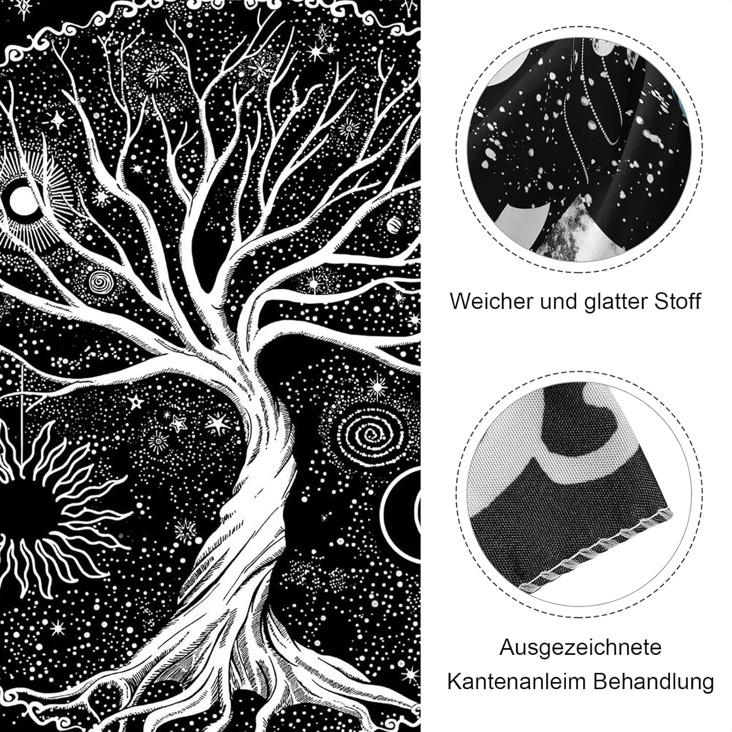 Tapiserie negru alb copac viata tapiserii faze luna Casa - Accesorii si Decoratiuni Naty Shop