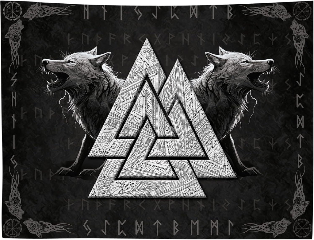 Tapiserie viking wolf totem negru alb meditatie rune Casa - Accesorii si Decoratiuni Naty Shop 200L X 150B Cm