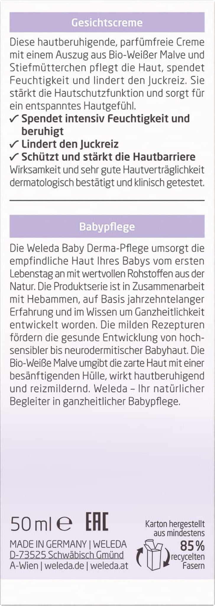 WELEDA Organic Baby Derma White Mallow Face Cream, cremă hidratantă pentru pielea foarte sensibilă și neurodermitică, cosmetice naturale pentru îngrijire intensivă și ameliorarea mâncărimii (1 x 50 ml) Copii - Baie si Skincare Naty Shop