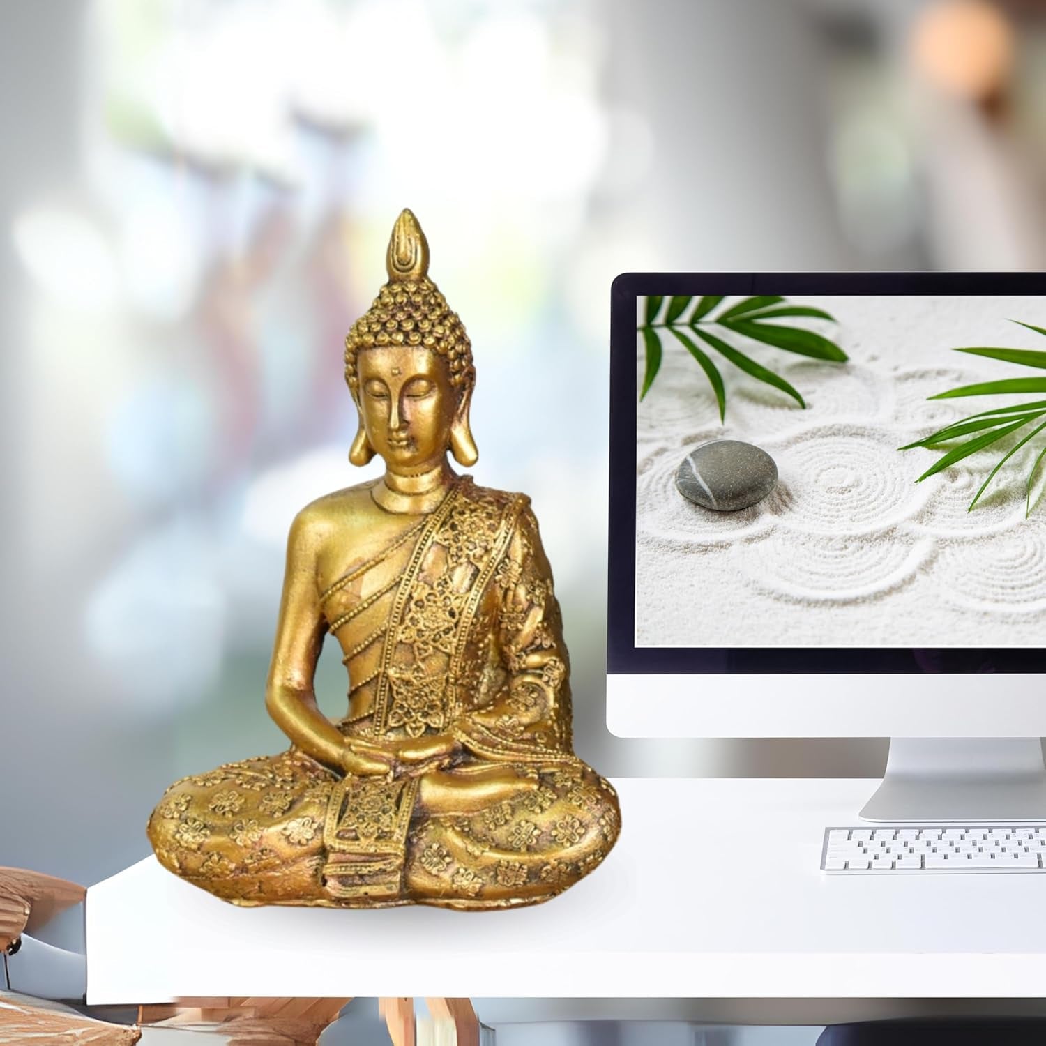 Zen'Light - Statuetă cu cap de Buddha Sanci - Decorațiune pentru Zen, meditație și feng shui - Cadou pentru o atmosferă relaxantă și spirituală - Statuie de Buddha - Înălțime: 18 cm - Culoare: auriu Statuete si sculpturi Naty Shop